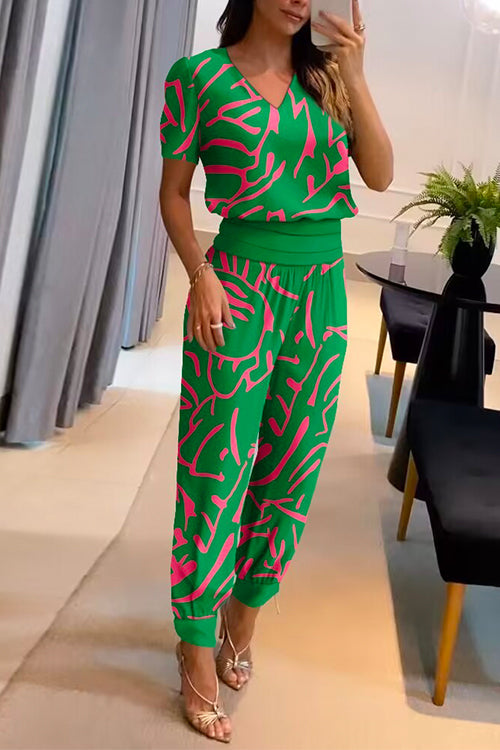 Meridress V Neck Short Sleeve Tunic Top High Waist Harem Joggers Printed Set