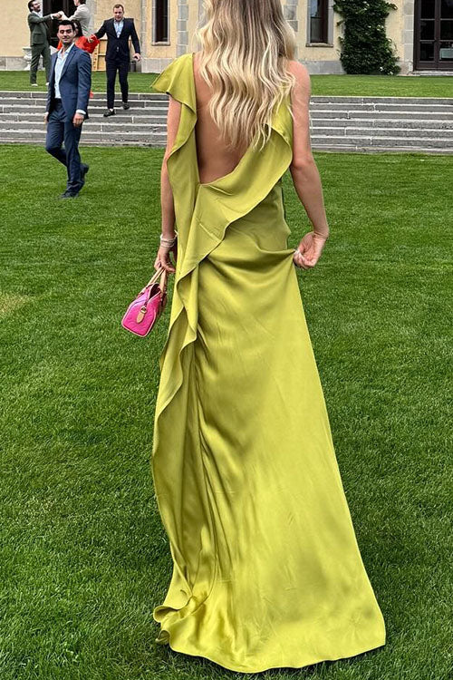 Meridress High Slit Back Drape Cascading Satin Maxi Cami Dress