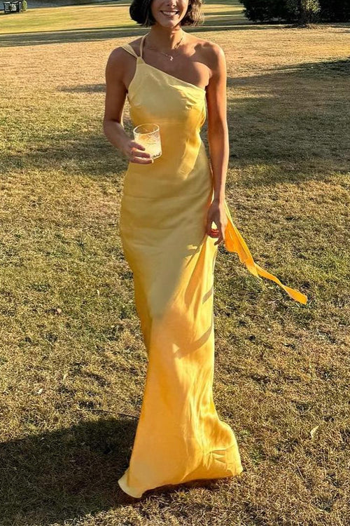Meridress One Shoulder Open Back Tie Knot Satin Maxi Dress