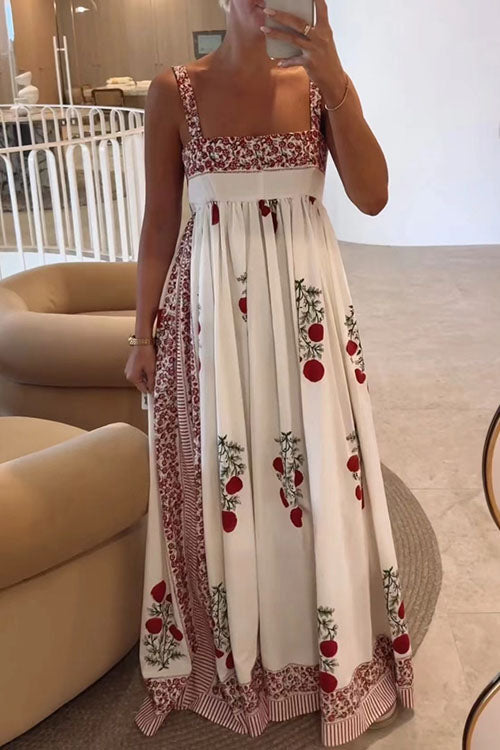 Meridress Square Collar Splice Floral Print Swing Maxi Cami Dress