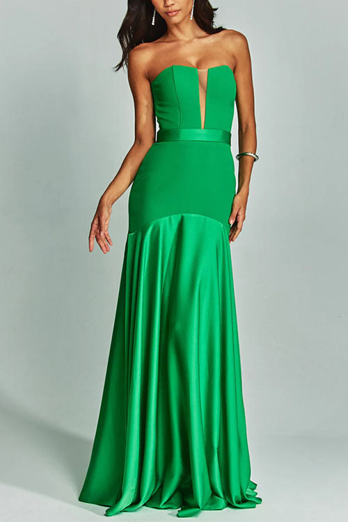 Meridress Mesh V Neck Strapless Splice Flare Maxi Party Dress