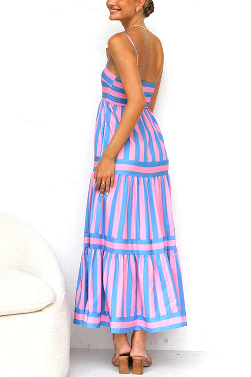 Meridress Spaghetti Strap Tiered Color Block Striped Maxi Dress