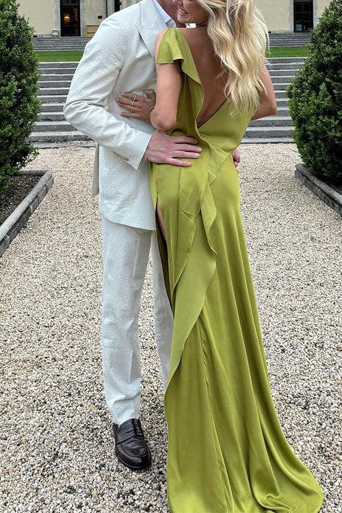 Meridress High Slit Back Drape Cascading Satin Maxi Cami Dress