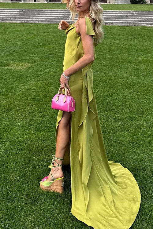 Meridress High Slit Back Drape Cascading Satin Maxi Cami Dress