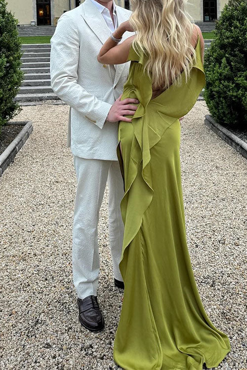 Meridress High Slit Back Drape Cascading Satin Maxi Cami Dress