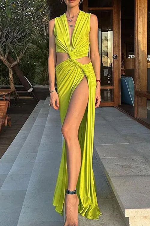 Meridress V Neck Knot Front Cut Out High Slit Sleeveless Maxi Dress