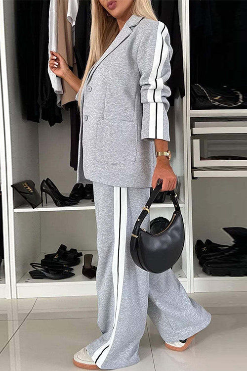 Meridress Patchwork Notch Lapel Pocketed Blazer Elastic Waist Wide Leg Pants Casual Set