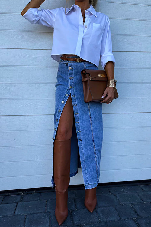 Meridress High Rise Button Down Slit Denim Skirt