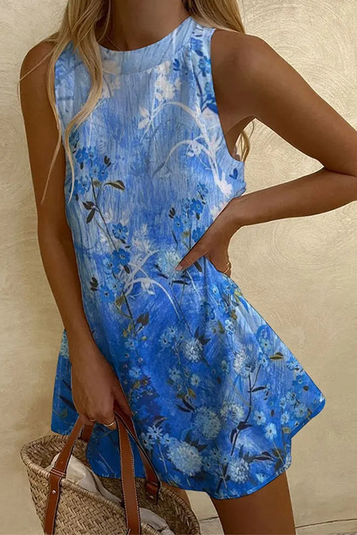 Meridress Summer Sleeveless Gradient Floral Print Mini Dress