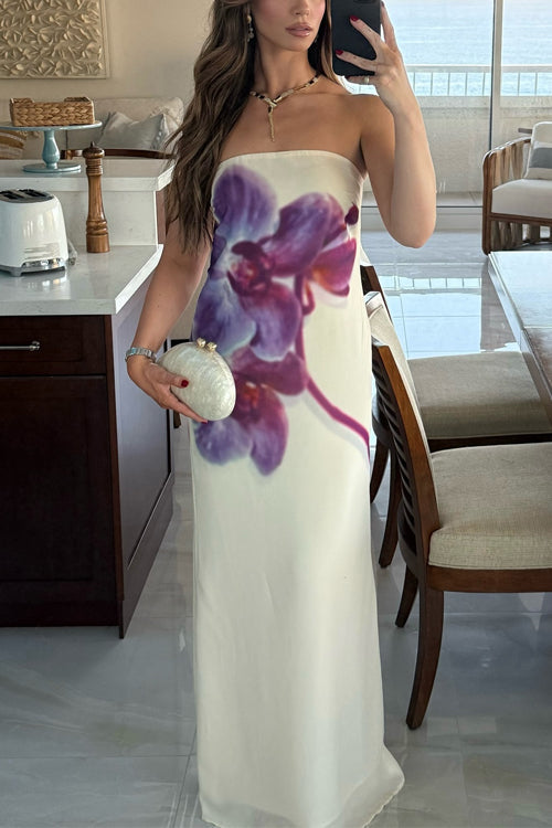 Meridress Elegant Strapless Floral Print Maxi Dress