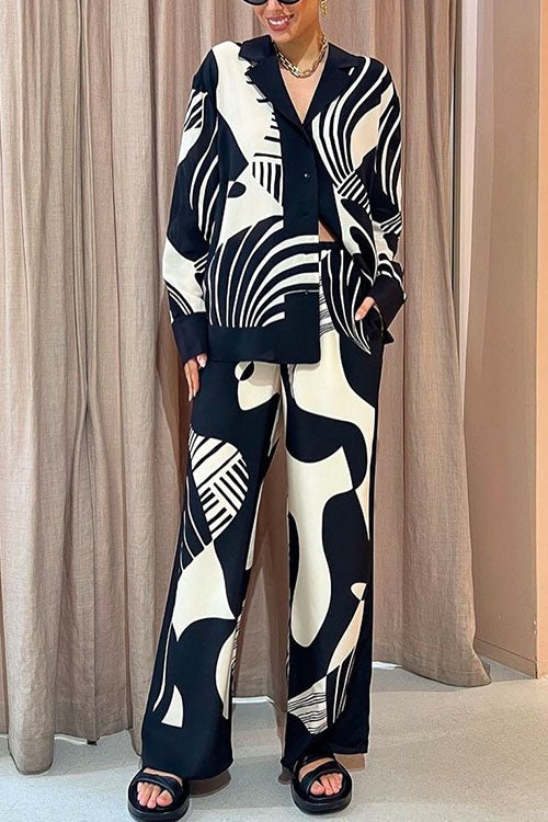 Meridress Graphic Printed Long Sleeve Blouse Shirt Wide Leg Pants 2 Pieces Set