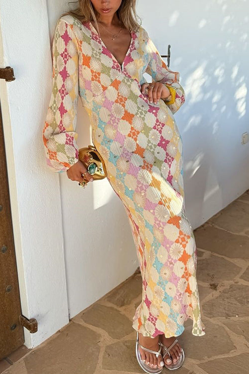 Meridress V Neck Lantern Sleeves Geometric Print Maxi Dress
