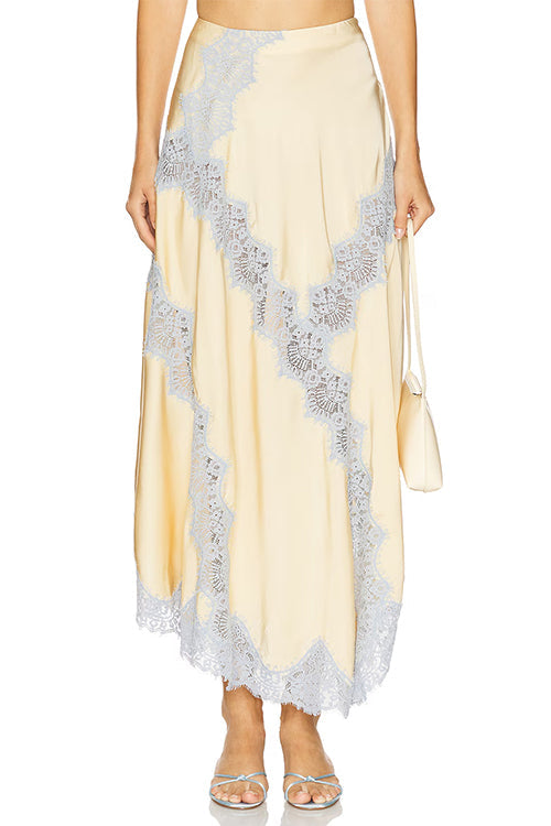 Meridress High Rise Color Block Lace Trim Satin Maxi Skirt