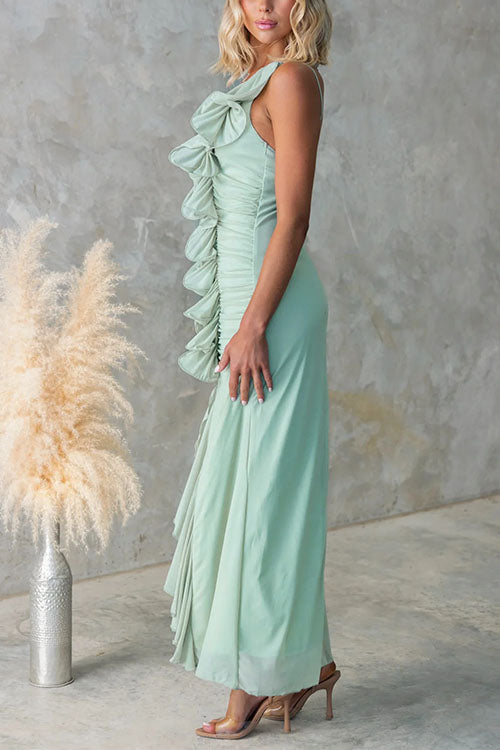 Meridress One Shoulder Slit Ruffle Mesh Maxi Dress