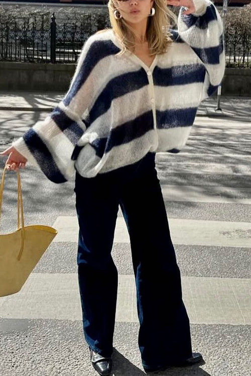 Meridress Lantern Sleeves Button Down Color Block Stripes Sweater with Scarf