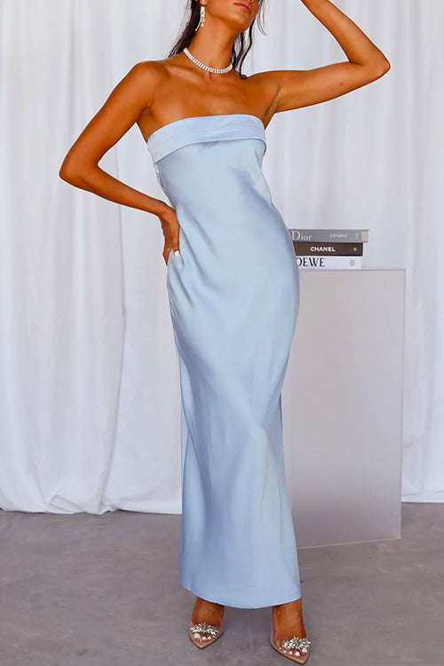 Meridress Backless Tube Top Solid Satin Maxi Party Dress
