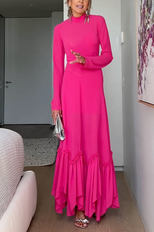 Mockneck Long Sleeves Ruffle Hem Maxi Dress
