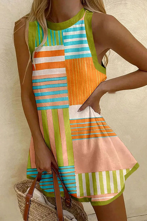 Meridress Sleeveless Striped Color Block A-line Mini Dress