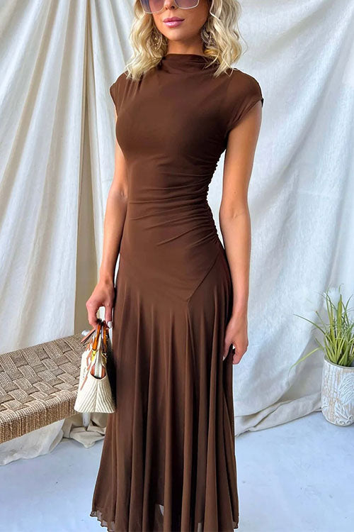 Mockneck Cap Sleeves Ruched Mesh Maxi Dress