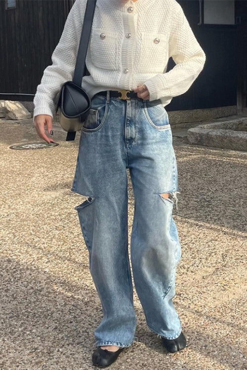 Meridress Distressed Wide Leg Ripped Jeans