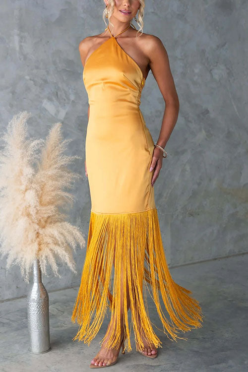 Meridress Halter Neck Patchwork Fringe Hem Satin Maxi Dress