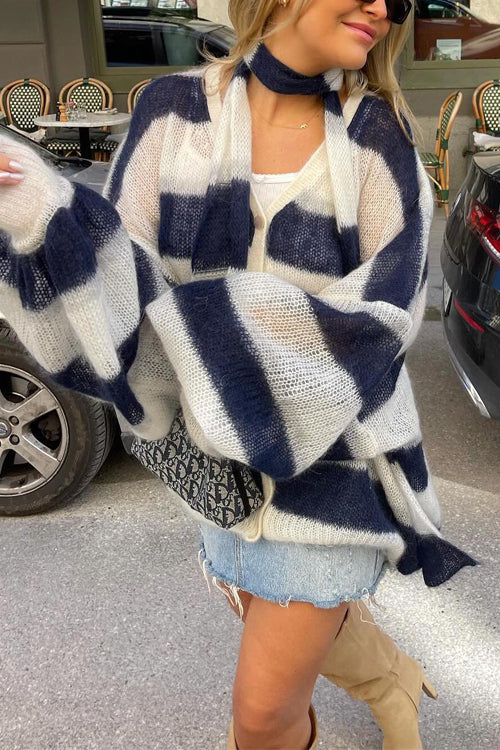 Meridress Lantern Sleeves Button Down Color Block Stripes Sweater with Scarf