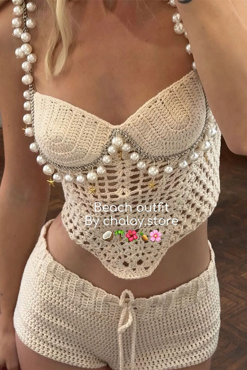 Meridress Pearl Trim Hollow Out Knit Crop Cami Top