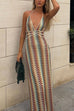 Meridress Halter V Neck Backless Color Block Crochet Maxi Dress