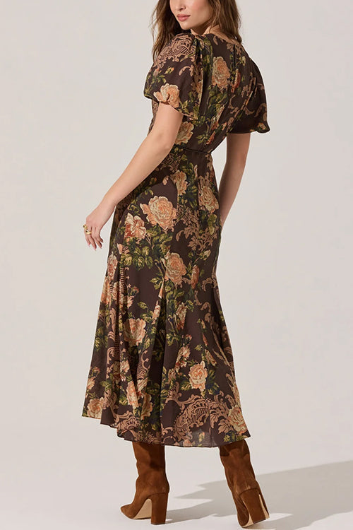 V Neck Puff Short Sleeves Floral Print Midi Dress