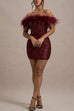 Meridress Off Shoulder Feather Trim Sequin Mini Party Dress
