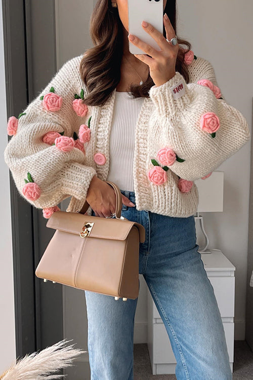 Meridress Button Down Flower Applique Sweater Cardigan