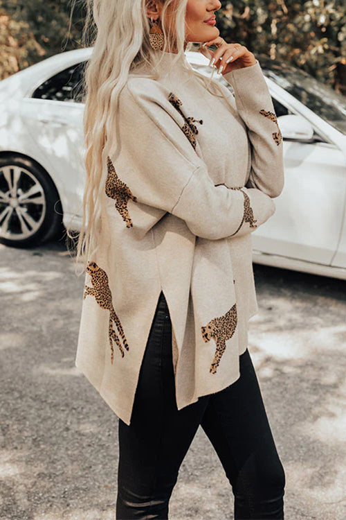 Meridress High Neck Side Slit Cheetah Pattern Sweater