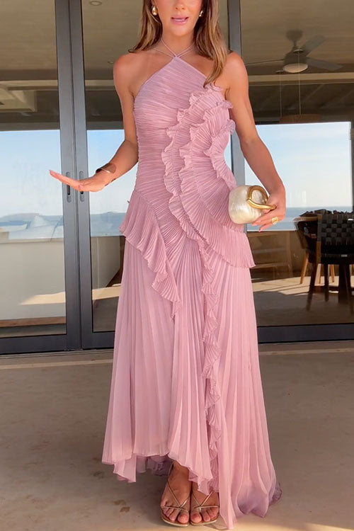 Meridress Strappy Halter Neck Ruffle Trim Asymmetric Hem Pleated Maxi Dress