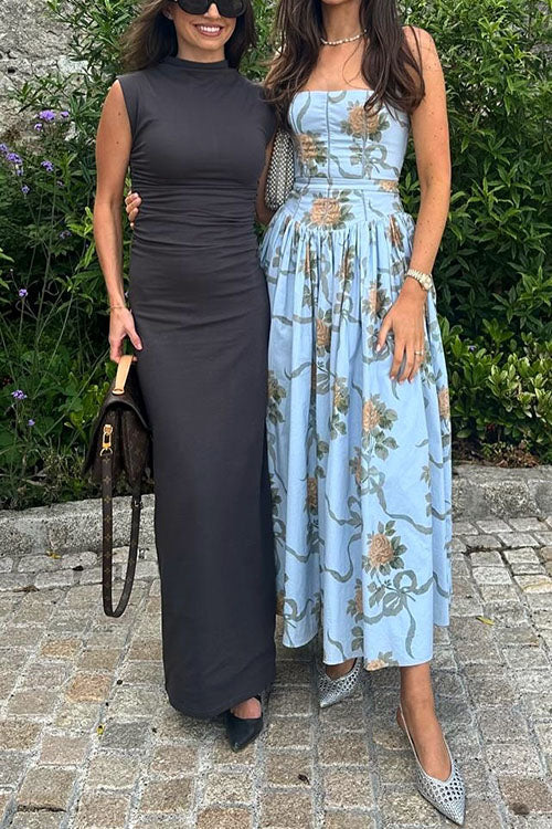 Meridress Spaghetti Strap Waisted Floral Print A-line Maxi Dress