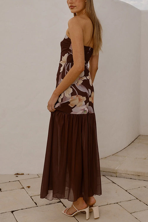 Strapless Tube Floral Print Flare Maxi Dress