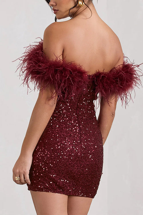 Meridress Off Shoulder Feather Trim Sequin Mini Party Dress