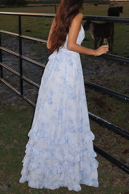 Meridress Back Lace-up Ruffle Hem Slit Floral Print Maxi Cami Dress