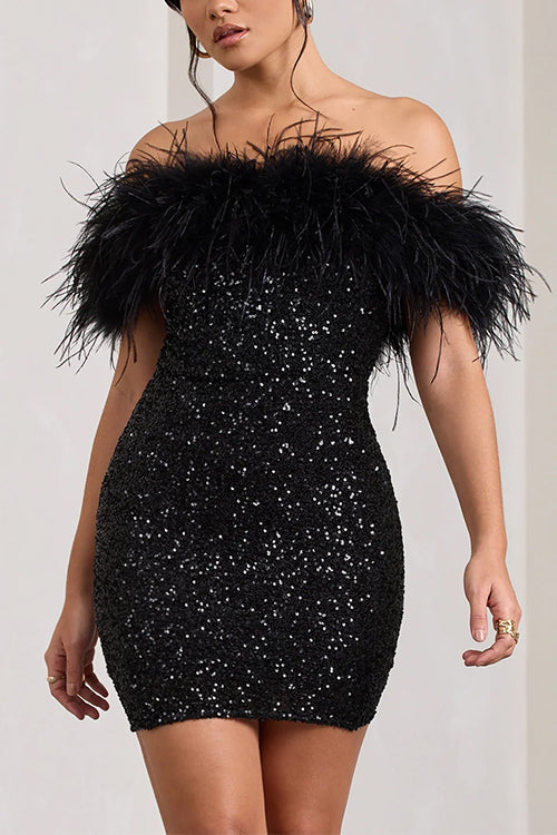 Meridress Off Shoulder Feather Trim Sequin Mini Party Dress