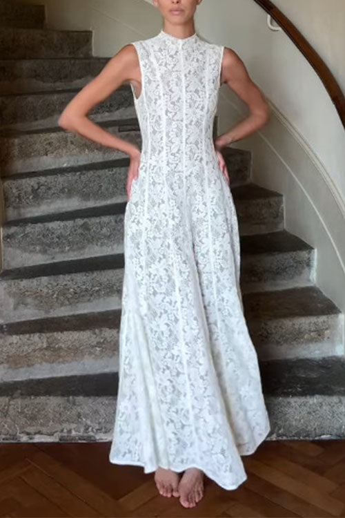 Meridress Mockneck Sleeveless A-line Lace Maxi Dress