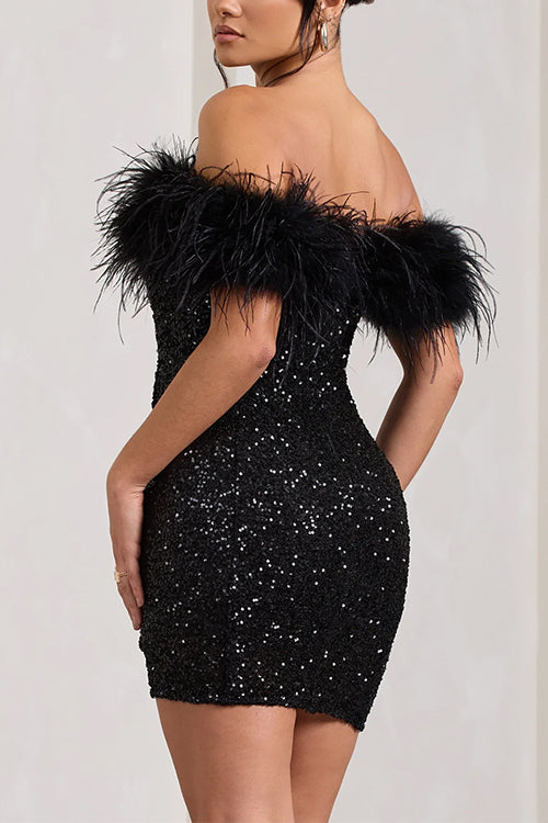 Meridress Off Shoulder Feather Trim Sequin Mini Party Dress