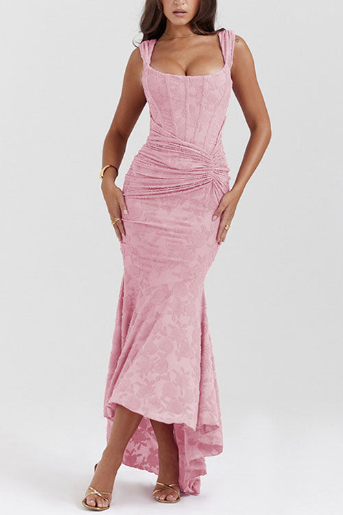Meridress Sleeveless Ruched Waist Ruffle Hem Jacquard Maxi Dress
