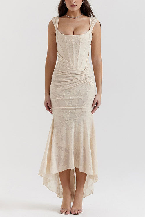 Meridress Sleeveless Ruched Waist Ruffle Hem Jacquard Maxi Dress