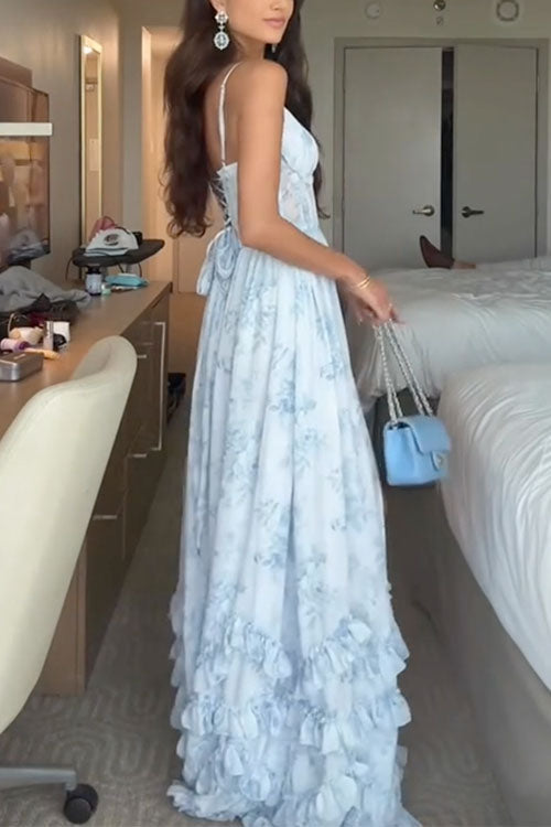 Meridress Back Lace-up Ruffle Hem Slit Floral Print Maxi Cami Dress