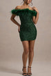 Meridress Off Shoulder Feather Trim Sequin Mini Party Dress
