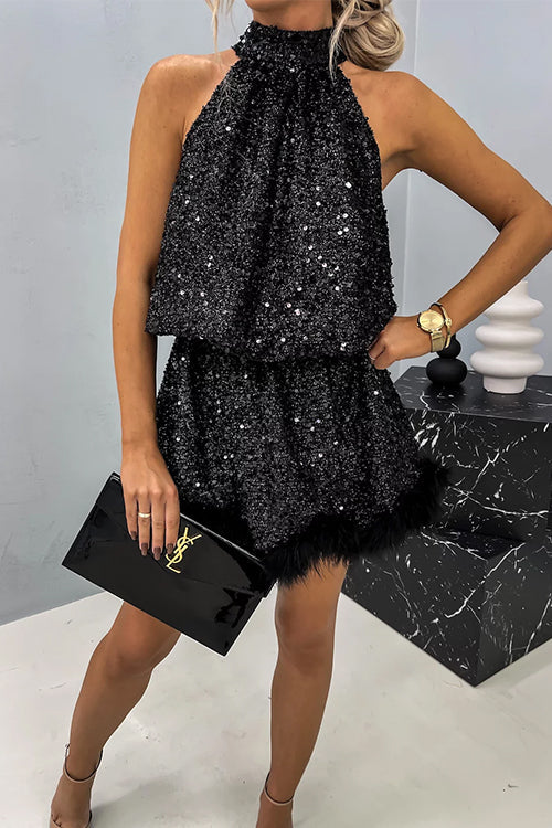 Meridress Halter Sleeveless Feather Hem Sequin Dress