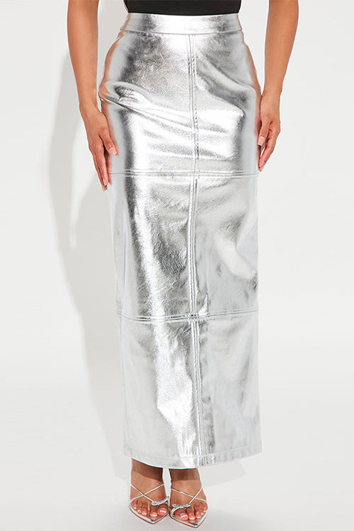 Meridress High Waist Back Slit Splice Faux Leather Maxi Skirt