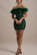 Meridress Off Shoulder Feather Trim Sequin Mini Party Dress