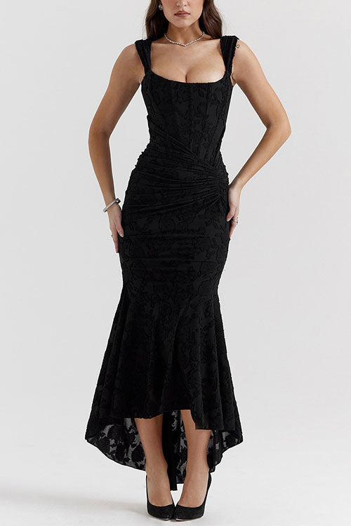 Meridress Sleeveless Ruched Waist Ruffle Hem Jacquard Maxi Dress