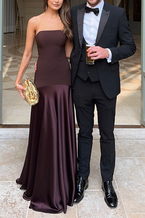 Meridress Strapless Satin Patchwork Flare Maxi Dress