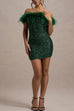 Meridress Off Shoulder Feather Trim Sequin Mini Party Dress